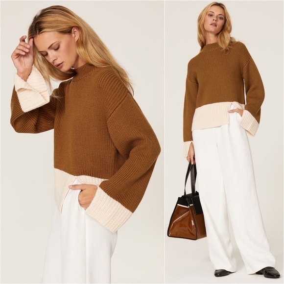 Victor Alfaro Sweaters - VICTOR ALFARO Wool Blend Chunky Knit Wide Sleeve‎ Colorblock Mockneck Sweater XS